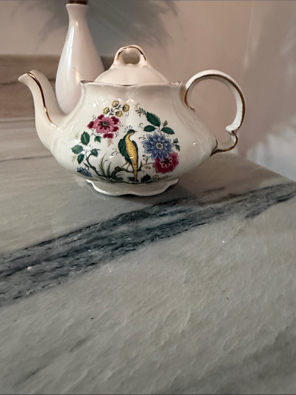 Vtg Ellgreave Wood & Sons English Ironstone Teapot Bird Floral Gold Trim 557